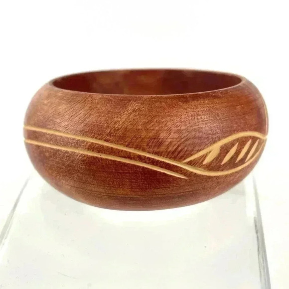 VTG Brown Wood Chunky Bracelet Wooden Bangle Carved Unique Design - Picture 6 of 8